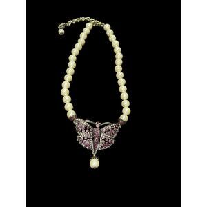 Heidi Daus Pink Swarovski Crystal Butterfly White Faux Pearl Necklace Gold Tone